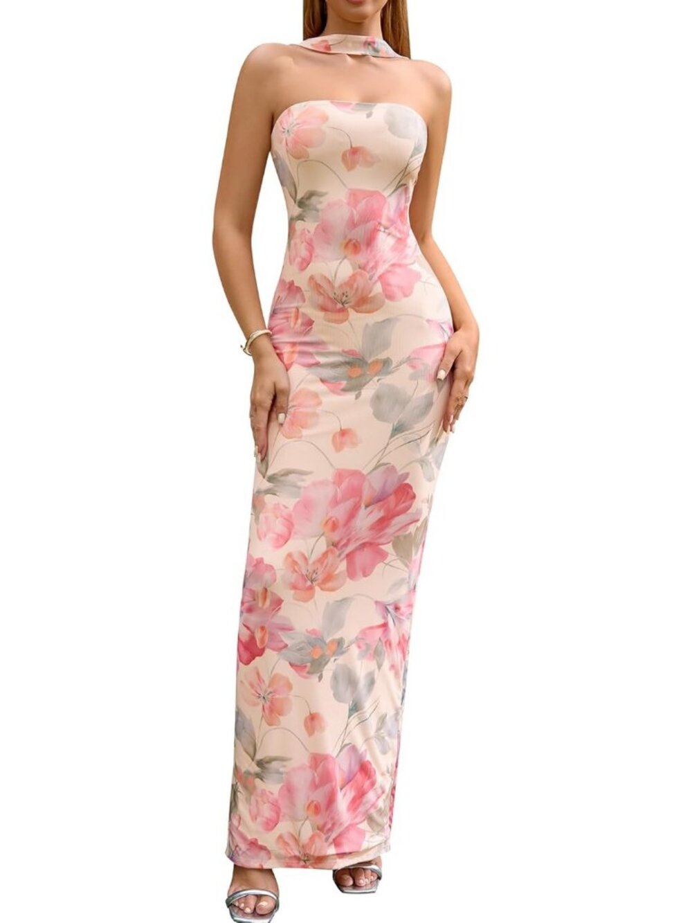 Women's Summer Bodycon Pink Floral Maxi Halter Neck Formal Cocktail Party Dress